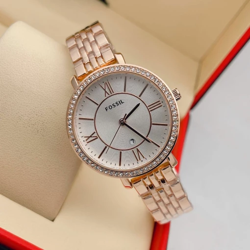 Fossil Rose Gold Metal Diamond Strap Watch For Women's Es3547 Design White Dial For Girl Or Woman Best Gift Date Watch