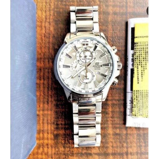Casio Edifice Chronograph White World Design Dial Silver Metal Men's Watch EFR-305-best Gift