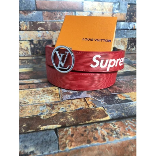 Louis Vuitton Red Supreme Leather Men's Women's LV-BLT-09 Waist Belt for Man Woman or Girl Silver LV Buckle Gift Belt