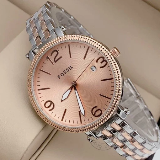 Fossil Branded Multi Color Strap Gold Ring Women's Watch Es-7070 For Woman Or Girl Rose Gold Dial Date Gift Watch