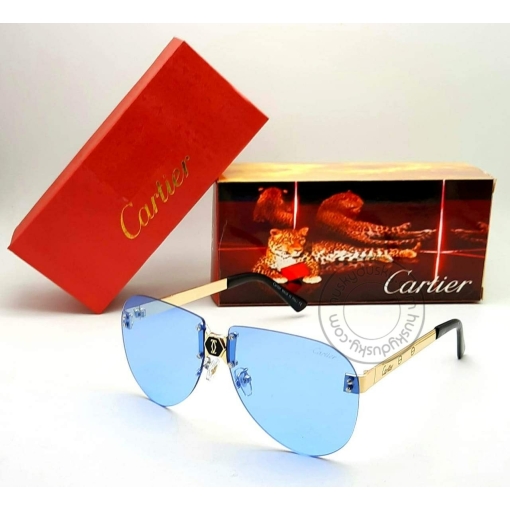 Cartier Branded Light BLue Purple Glass Men's Women's Sunglass For Man Woman or Girl CRTR-510 Transparent Frame Gold Stick Gift Sunglass