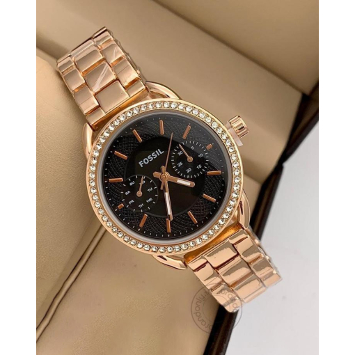 Fossil Rose Gold Women's Watch For Girl Or Woman Es-111 Black Dial Diamond Case With Day And Date - Best Gift For Women