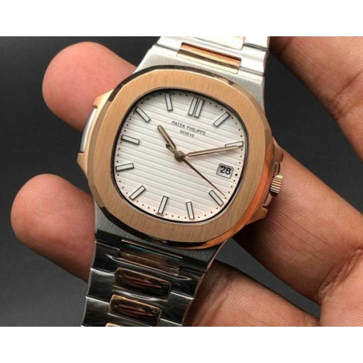 Patek Philippe Nautilus Mad Watch Quartz Movement White Dial Silver And Rosegold Strap Dated Watch For Men's-Best Men's Collection PP-7156