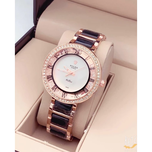 Rolex Black Gold Stainless Steel Strap Watch For Women and Girls With Diamond White Dial Best Gift Watch_RLX-7919