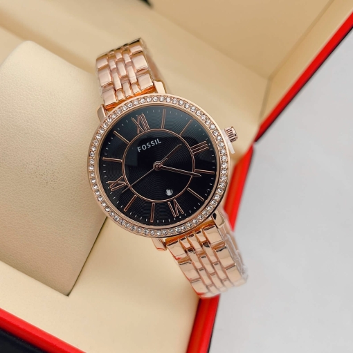Fossil Rose Gold Metal Diamond Case&Strap Watch For Women's Es3548 Design For Girl Or Woman Black Dial Best Gift Date Watch