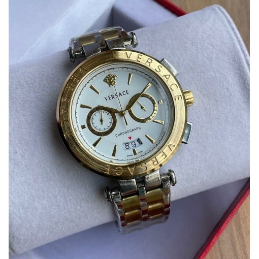 Versace Chronograph Multicolor Strap New Stylish Branded Men's Date Watch With White and Gold Dial Ver-184-M701 Genuine Formal look Men's Watch