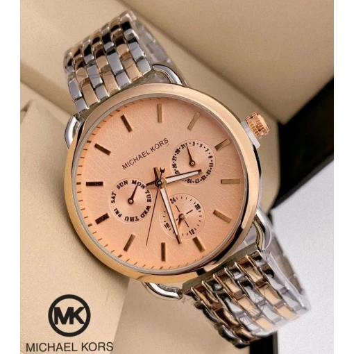 Michael Kors Peach Dial Women's Mk-857 Watch For Girl Or Woman Chronograph Multi Dial Gold Silver Day Date