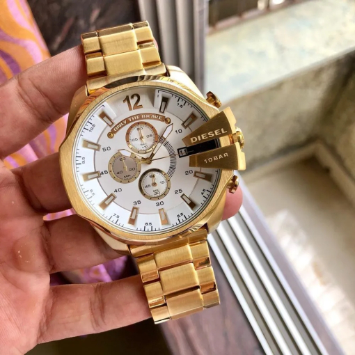 Diesel Mega Chief Chronograph Full Gold White Dial Watch for Men