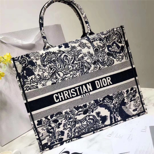 Canvas Embroidered Large Toile De Jouy Book Tote Navy Blue Hand Bag For Women Sauvage Embroidery Medium Bag For Women's Or Girls Bag - Best Casual Use -7764-WBG