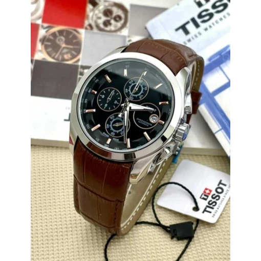 Tissot TS-3833 Chronograph Brown Leather Mens Watch for Man Black Date Display Best Gift for Man