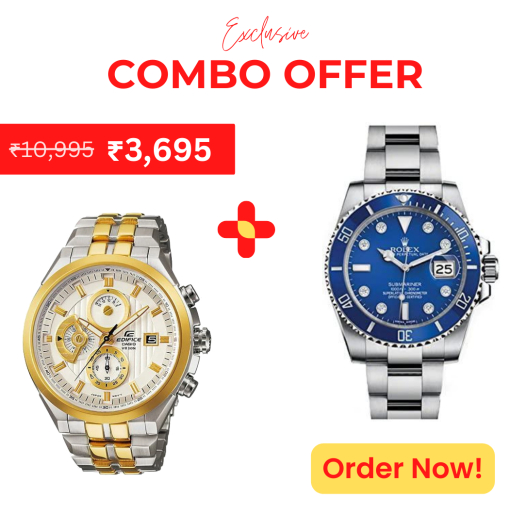 Casio Edifice Chronograph Men's Watch With Silver Gold Color & Stainless Steel Strap And Rolex Quartz Silver Strap Blue Dial Metal Men's Watch