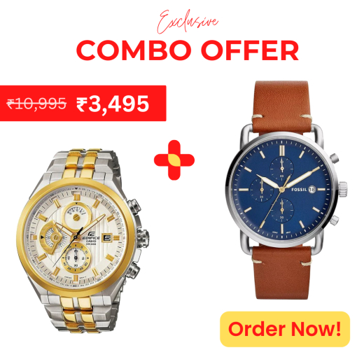 Casio Edifice Chronograph Men's Watch With Silver Gold Color & Stainless Steel Strap And Fossil Chronograph Blue Dial with Leather Strap Watch for Men FS-5401