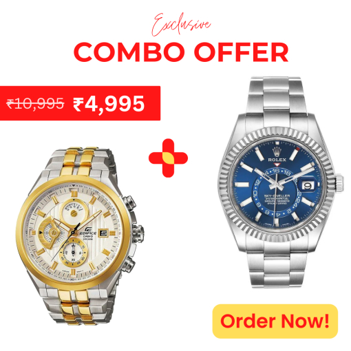 Casio Edifice Chronograph Men's Watch With Silver Gold Color & Stainless Steel Strap And Rolex Oyster Perpetual Sky-Dweller in White Rolesor With A Bright Blue Dial And An Oyster Bracelet