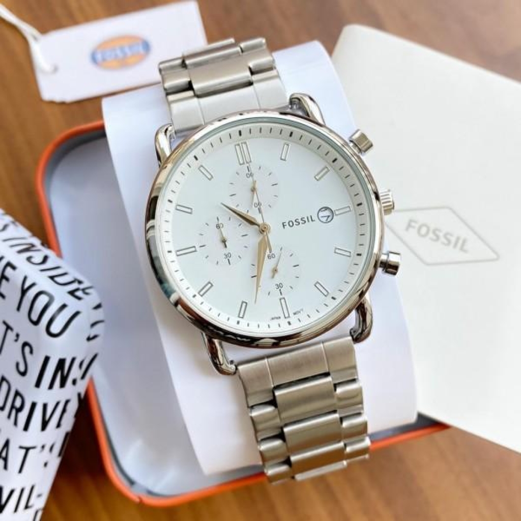 Fossil Silver Stainless Steel Strap Watch For Mens FS-S-WHITE Design White Dial For Man Best Gift Date Watch 1 Fossil Silver Stainless Steel Strap Watch For Mens FS-S-WHITE Design White Dial For Man Best Gift Date Watch