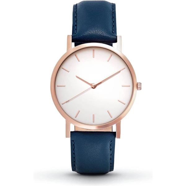 Majestic Blue Color Leather Belt Watch, Pink Case White Dial For Men
