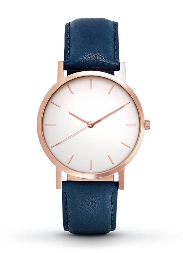 Majestic Blue Color Leather Belt Watch, Pink Case White Dial For Men