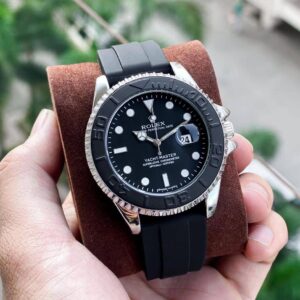 Trendy Rolex Yacht-Master Analog Black Dial Ceramic Bezel In Silver Color Oysterflex Silicon Bracelet Men's Watch For Man Rlx-M268656
