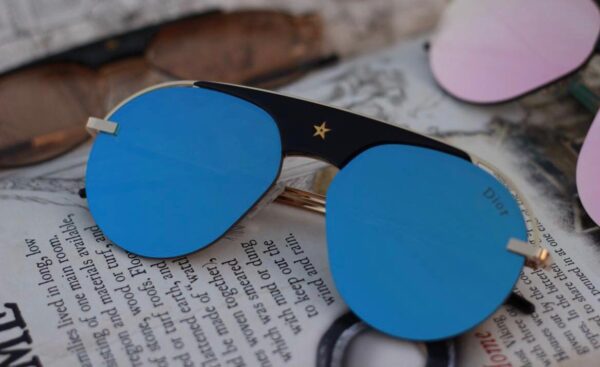 Dior Blue Color Glass Men's Sunglass for Man Woman or Girl DR-BLU-257 Gold Stick Frame Gift Sunglass