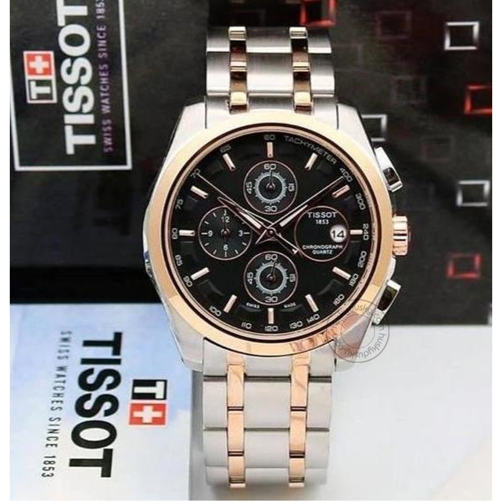 Tissot Chronograph Dual Tone Men's Watch for Man TS 321SG GB Silver Rose Gold Black Dial 1853 Gift