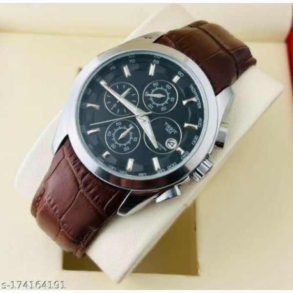 Tissot TS-3833 Chronograph Brown Leather Mens Watch for Man Black Date Display Best Gift for Man