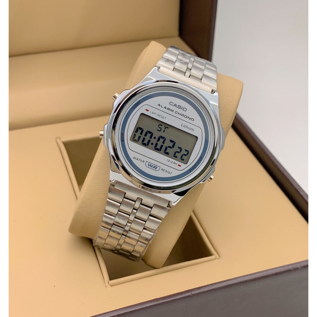 Vintage Digital Men's Watch A171WE-1A alarm timer light stainless steel Strap- Best Gift Unisex young watch