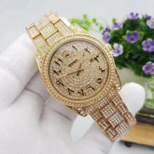 Trendy Rolex Diamond Set - Aude Mars Piguet Royal Stainless Steel Watch With Arabic Gold Dial Watch For Men's And Women's -Best For Stylist Look- Rlx-Arabic-Gold