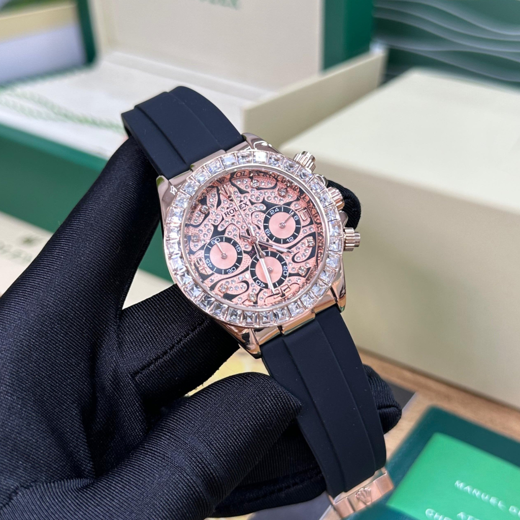 Rolex Cosmograph Rose Gold Color Case and Designer Dial Daytona Chronograph Quartz Chronometer Diamond Men's Watch - EYE OF THE TIGER TIGER-R-1166 1 Rolex Cosmograph Rose Gold Color Case and Designer Dial Daytona Chronograph Quartz Chronometer Diamond Men's Watch - EYE OF THE TIGER TIGER-R-1166