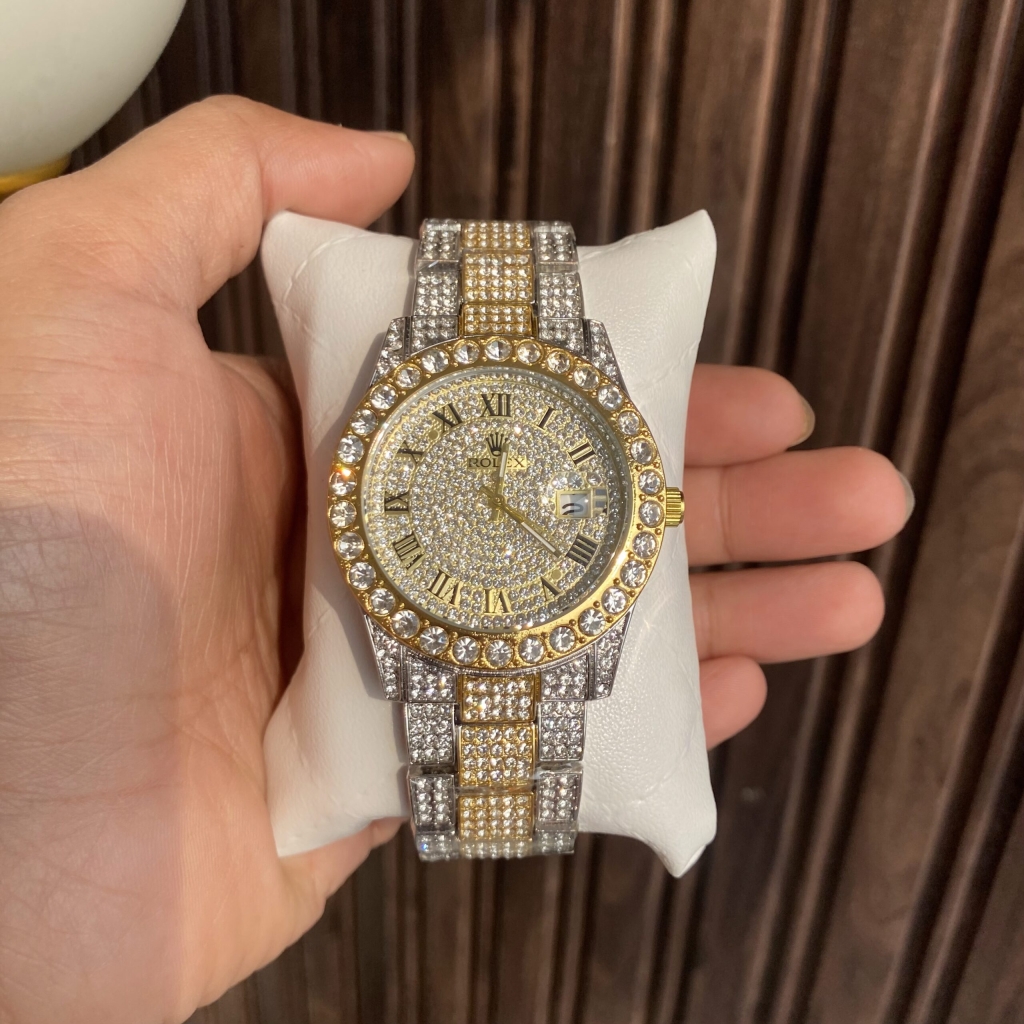 Rolex Analog Diamond Set Silver And Golden Strap Watch Golden Dial Royal Stainless Steel RLX-8086
