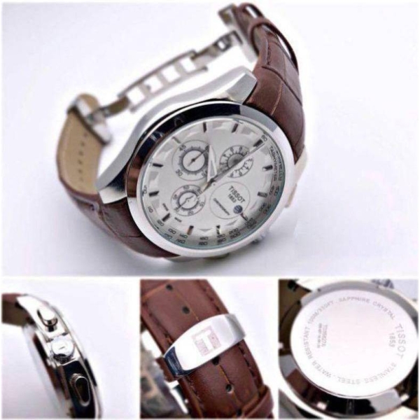 Stylish Tissot TS-3823 Chronograph Brown Leather Men's Watch for Man White Date Display Best Gift for Man