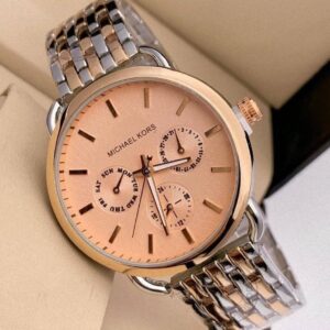 Michael Kors Peach Dial Women's Mk-857 Watch For Girl Or Woman Chronograph Multi Dial Gold Silver Day Date