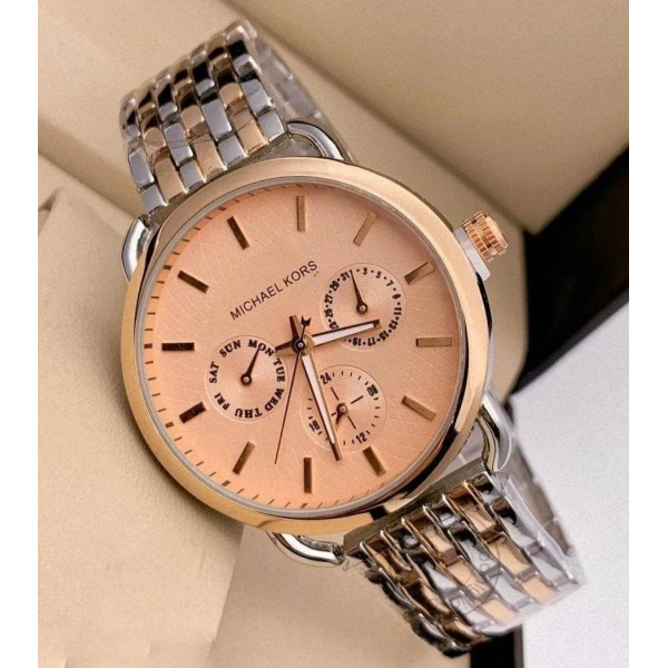 Michael Kors Peach Dial Women's Mk-857 Watch For Girl Or Woman Chronograph Multi Dial Gold Silver Day Date