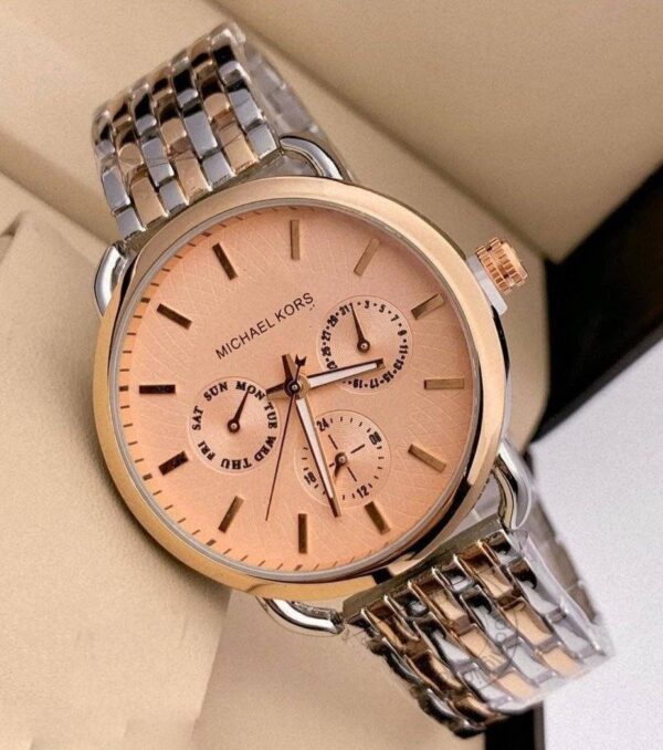 Michael Kors Peach Dial Women's Mk-857 Watch For Girl Or Woman Chronograph Multi Dial Gold Silver Day Date