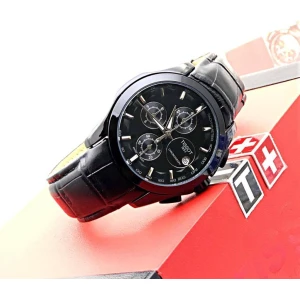 Stylish Tissot Chronograph Black Leather Men's Watch Black Dial Case