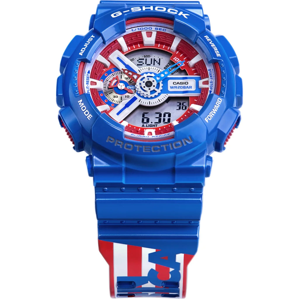 G Shock Watch For Men With Silicone Strap And Blue & Red Dial Color