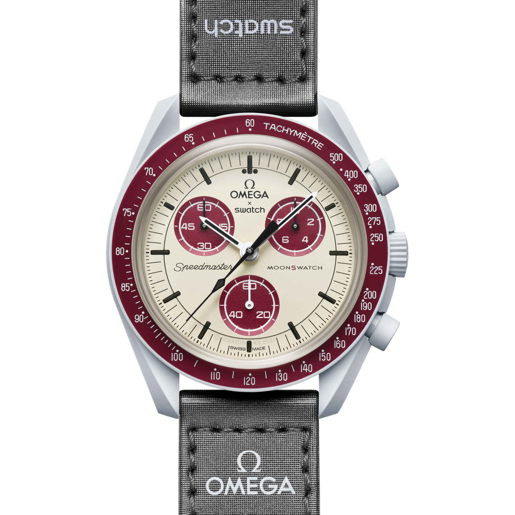 Swatch x Omega Cream and Maroon Dial/Black Strap Bioceramic Moonswatch Mission to Mercury OG-1029