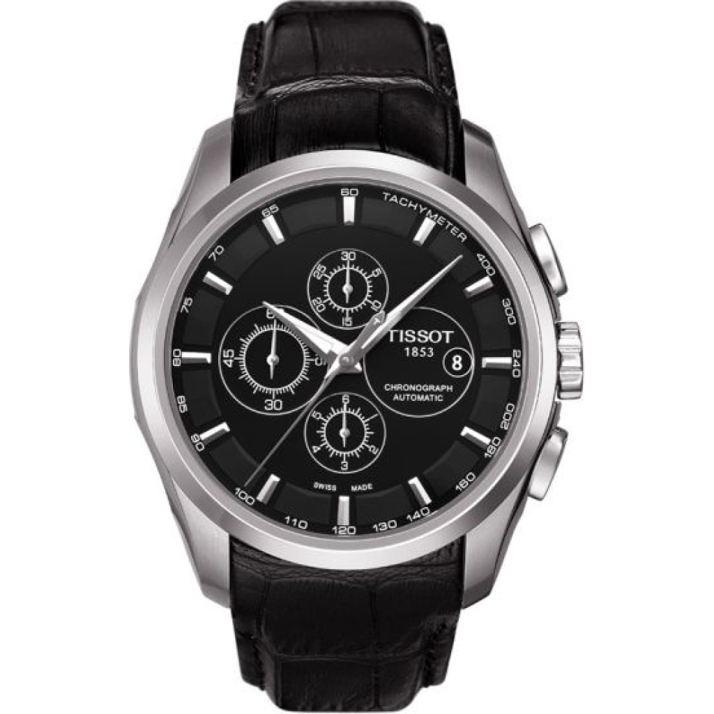 Stylish Tissot Chronograph Black Leather Men's Watch Silver Black