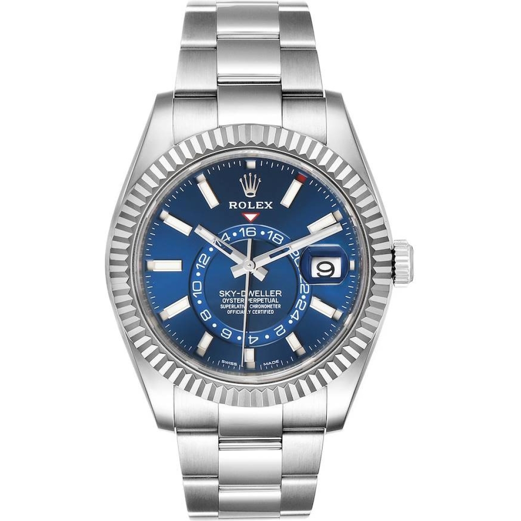 Trendy Rolex The Oyster Perpetual Sky-Dweller in White Rolesor with a bright blue dial and an Oyster bracelet. RLX Sky-Dweller RLX-DWELLER 1 Trendy Rolex The Oyster Perpetual Sky-Dweller in White Rolesor with a bright blue dial and an Oyster bracelet. RLX Sky-Dweller RLX-DWELLER
