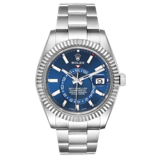 Trendy Rolex The Oyster Perpetual Sky-Dweller in White Rolesor with a bright blue dial and an Oyster bracelet. RLX Sky-Dweller RLX-DWELLER