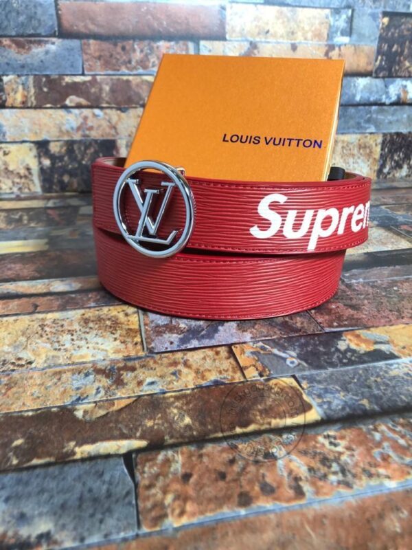 Louis Vuitton Red Supreme Leather Men's Women's LV-BLT-09 Waist Belt for Man Woman or Girl Silver LV Buckle Gift Belt