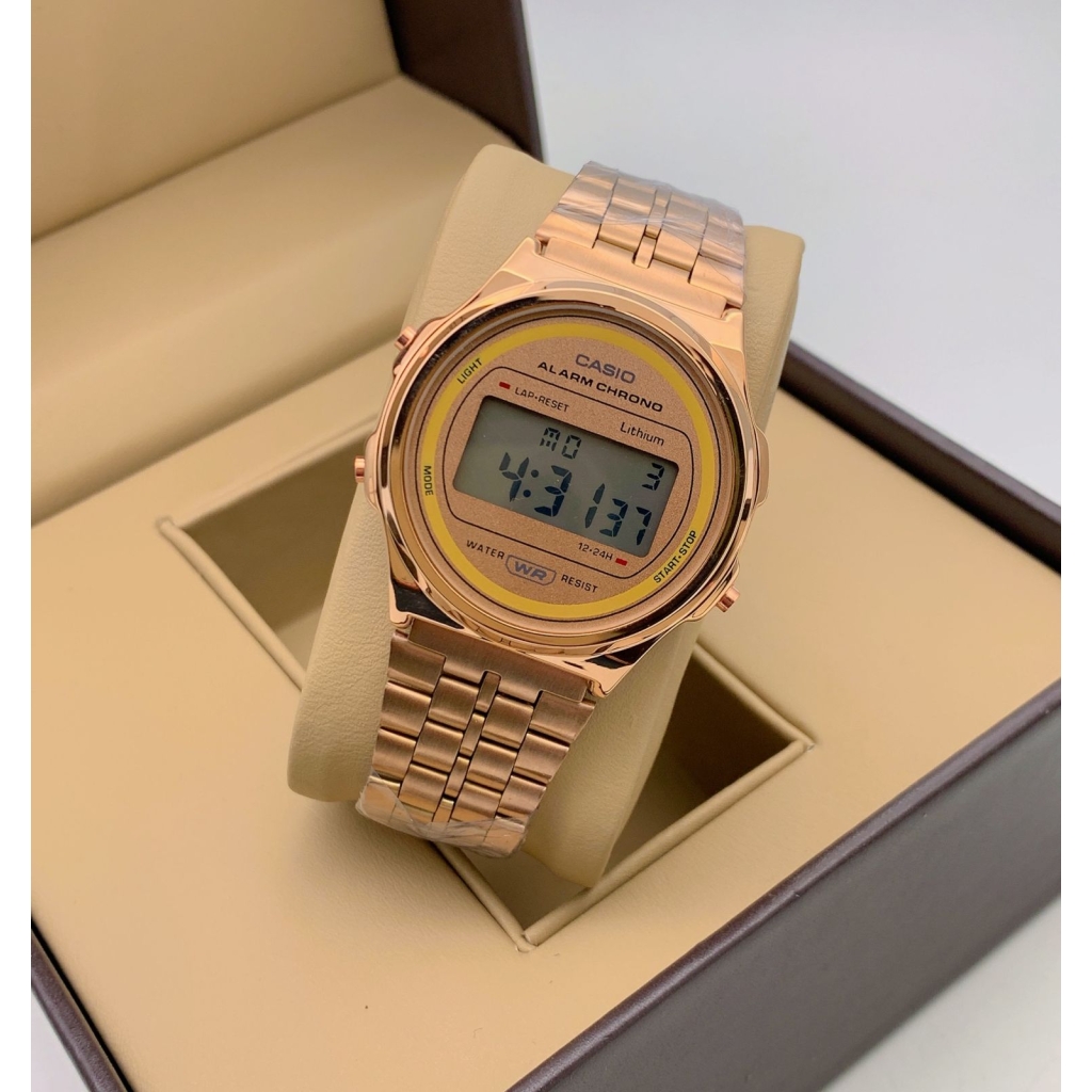 Vintage Digital Men's Watch A171WEG-9A alarm timer light Rose Gold stainless steel strap- Best Gift Unisex young watch