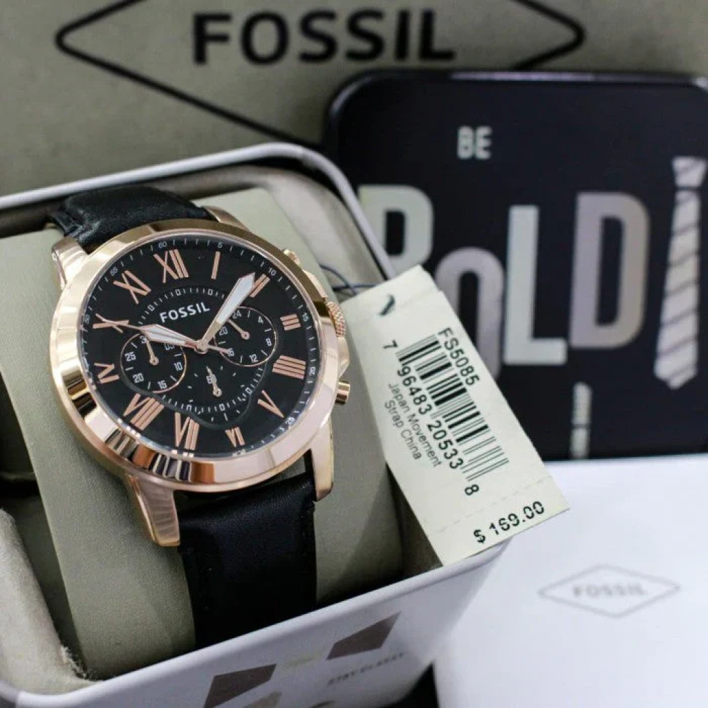 Fossil Chronograph Black & Rosegold Dial Leather Men's Watch - FS-4813