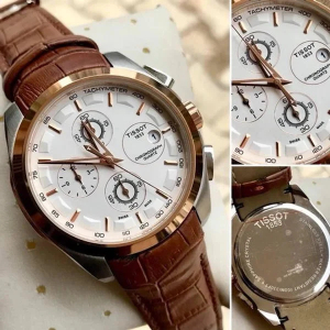 Stylish Tissot TS_384L Chronograph Brown Leather Mens Watch for Man White Date Display Best Gift for Man