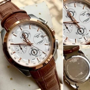 Stylish Tissot TS_384L Chronograph Brown Leather Mens Watch for Man White Date Display Best Gift for Man