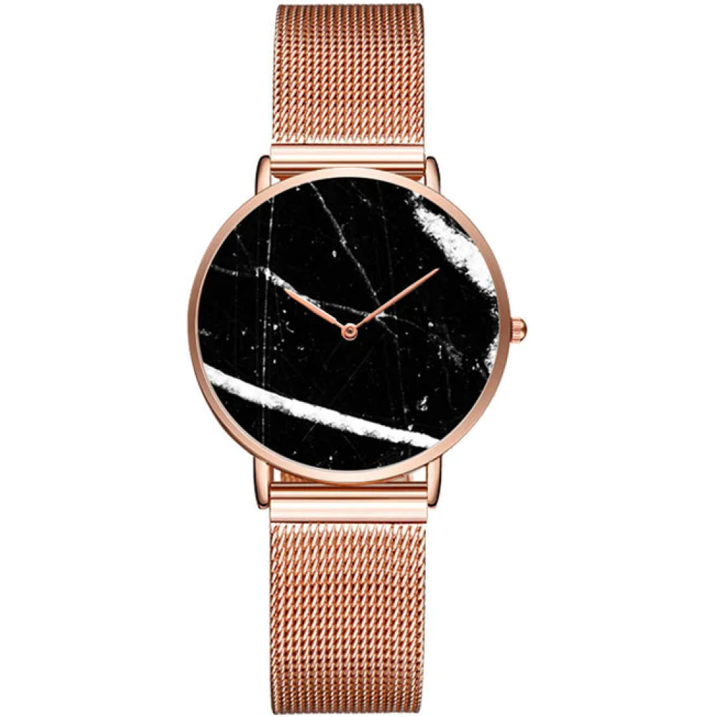 Rose Gold Color Stainless Steel Strap With Black Dial Watch For Women 1 Rose Gold Color Stainless Steel Strap With Black Dial Watch For Women
