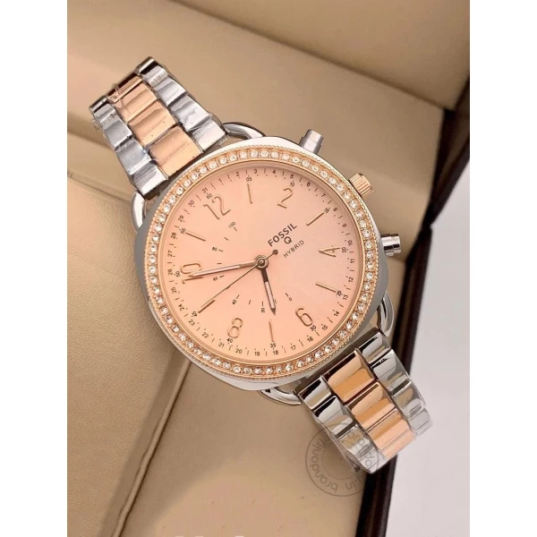 Fossil Q Hybrid Women's Watch For Girl Or Woman Es543 Rose Gold Dial Metal Silver Gold Strap - Best Gift