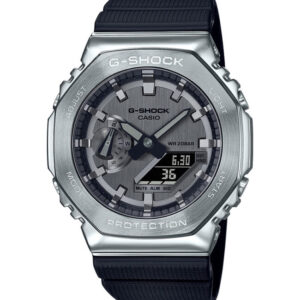 G-shock Metal Covered Silver/Black Round Analog+Digital World Time Multi-Function Resin Band Sports Watch GS-2100
