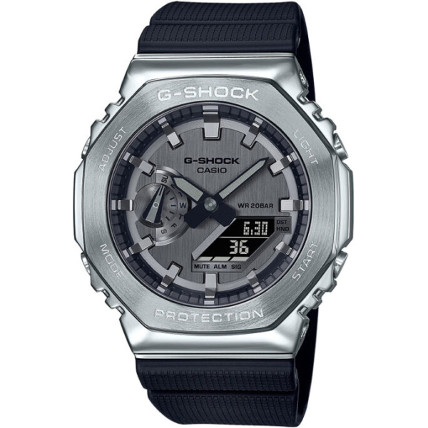G-shock Metal Covered Silver/Black Round Analog+Digital World Time Multi-Function Resin Band Sports Watch GS-2100