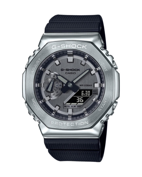 G-shock Metal Covered Silver/Black Round Analog+Digital World Time Multi-Function Resin Band Sports Watch GS-2100