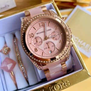 Micheal Kors Chosmogragh Watch With Rose Gold Metal Case & Pink Dial Dated Multicolor Strap Watch For Women's Design For Girl Or Woman Best Gift Date Watch- MK-5943