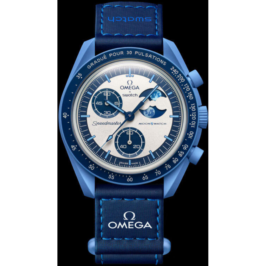 Swatch x Omega Blue & White Dial with Blue Case/Blue Strap Bioceramic Moonswatch Mission to Mercury OG-1033 1 Swatch x Omega Blue & White Dial with Blue Case/Blue Strap Bioceramic Moonswatch Mission to Mercury OG-1033